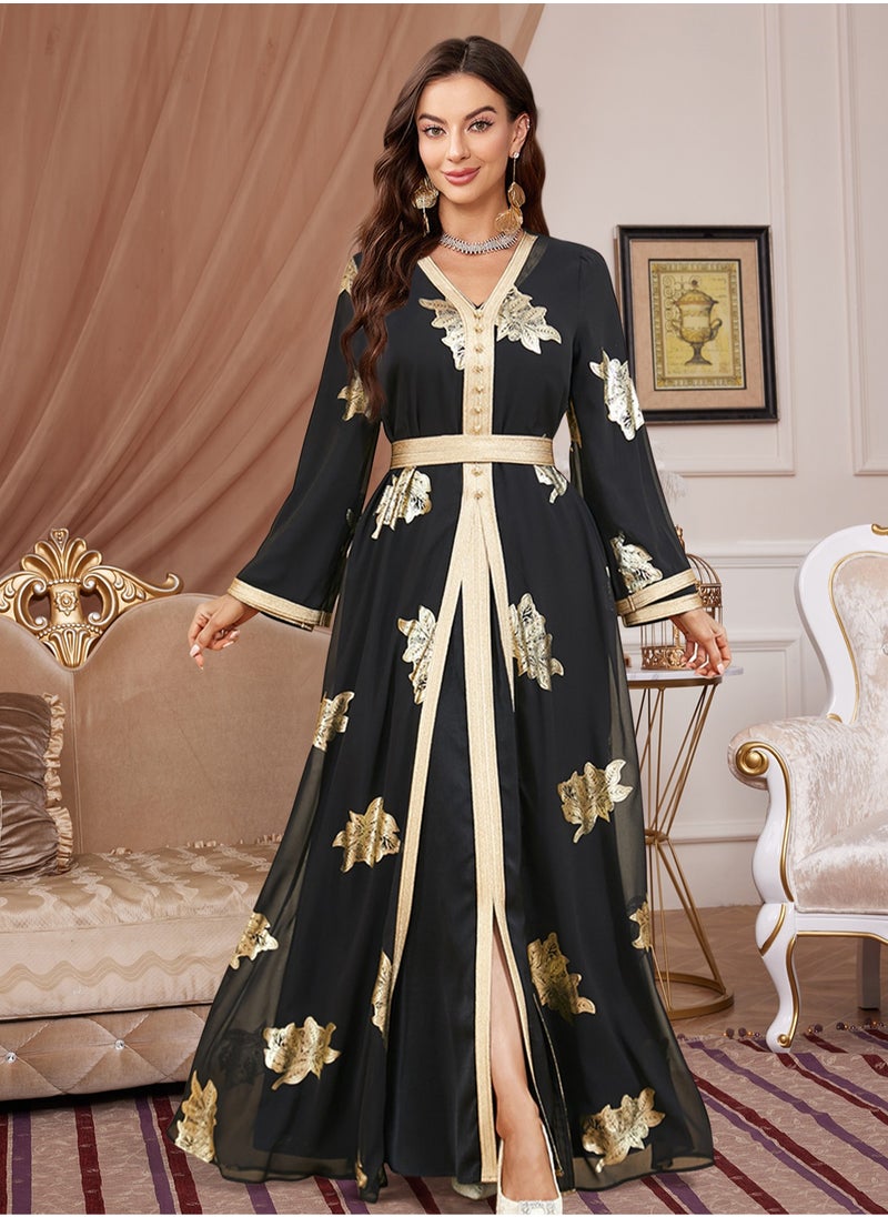 مدام يونيك عباءة نسائية سوداء عصرية بتصميم مزخرف بالذهب  - Image 1