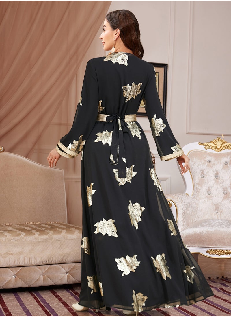 مدام يونيك عباءة نسائية سوداء عصرية بتصميم مزخرف بالذهب  - Image 2