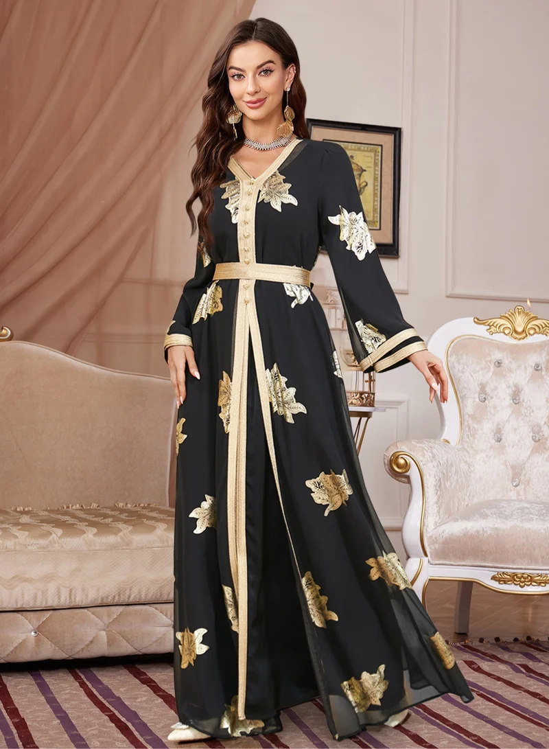 Madam Uniq Fashionable Black Abaya with Gold Foil – Women's Long Robe