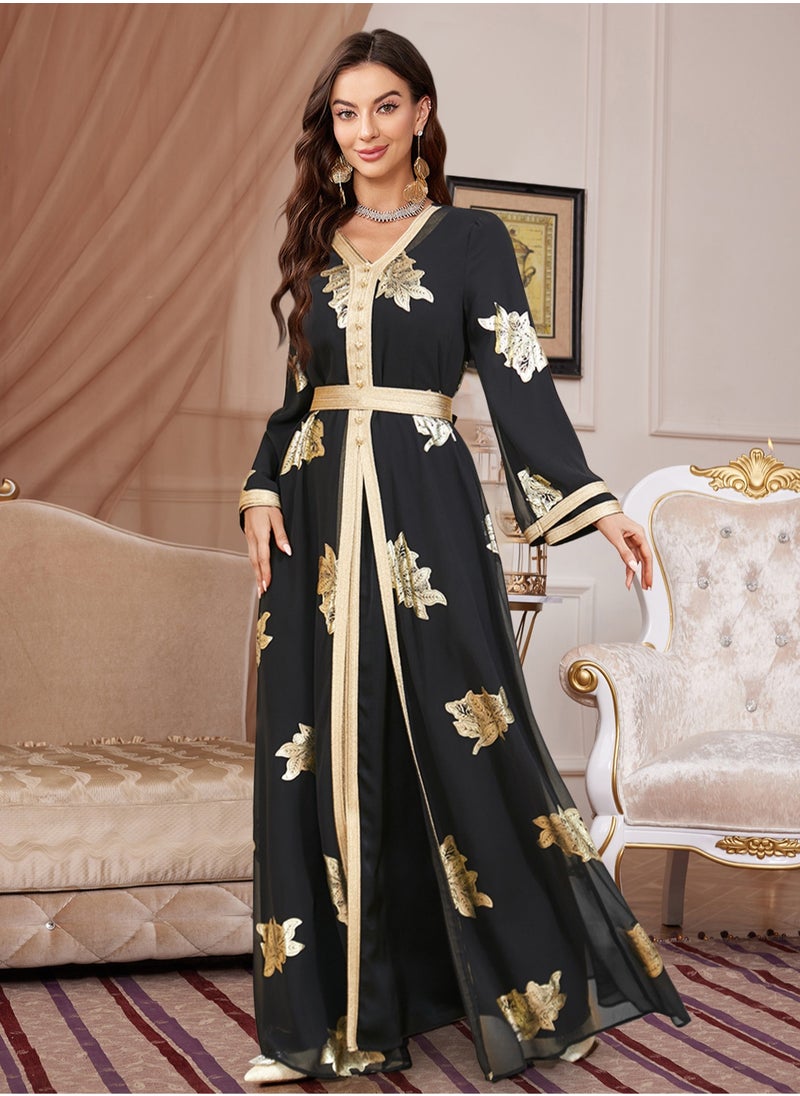 مدام يونيك عباءة نسائية سوداء عصرية بتصميم مزخرف بالذهب  - Image 3