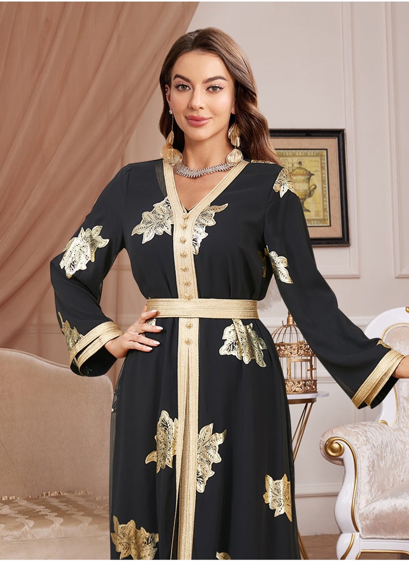مدام يونيك عباءة نسائية سوداء عصرية بتصميم مزخرف بالذهب  - Image 4