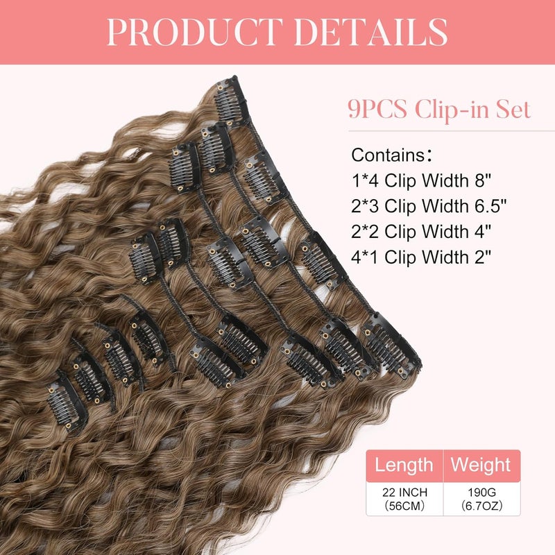 Flufymooz 9PCS Clip in Hair Extensions 22 Inch Curly Hair Extension Long Soft Synthetic Hairpieces for Women (Dark Ash Brown) - Image 3