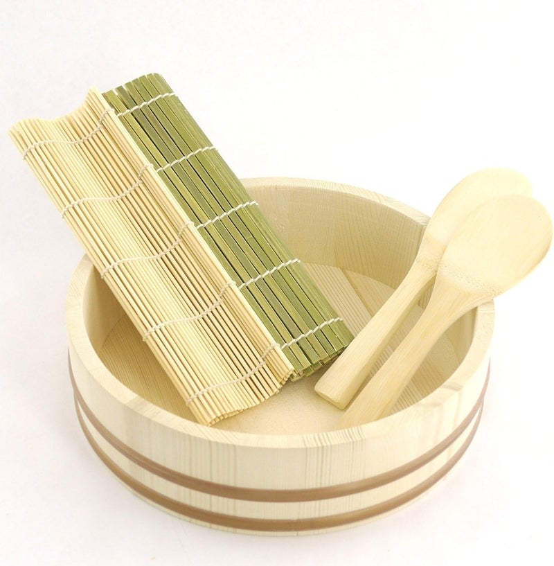 BambooMN 106 Hangiri Oke Sushi Rice Cooling BowlTub with 5 Pieces Sushi Making Serving Accessory Kit  Small - Image 1
