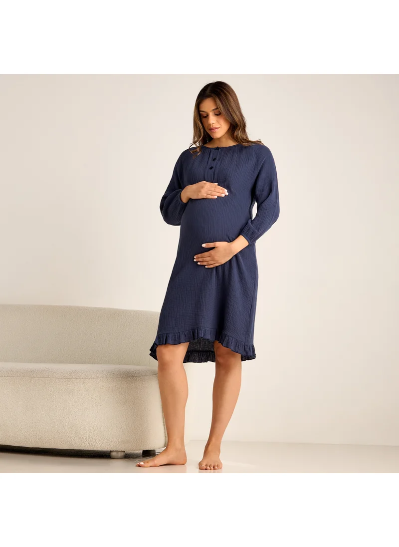 فاف Textured Maternity Night Dress with Long Sleeves