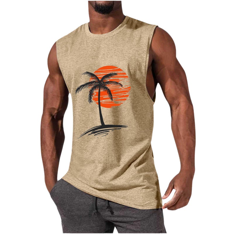 Estokap Mens Summer Beach Tank Top Hawaiian Palm Tree Print Sleeveless Muscle Basic Tee Vacation Tops Khaki - Image 1