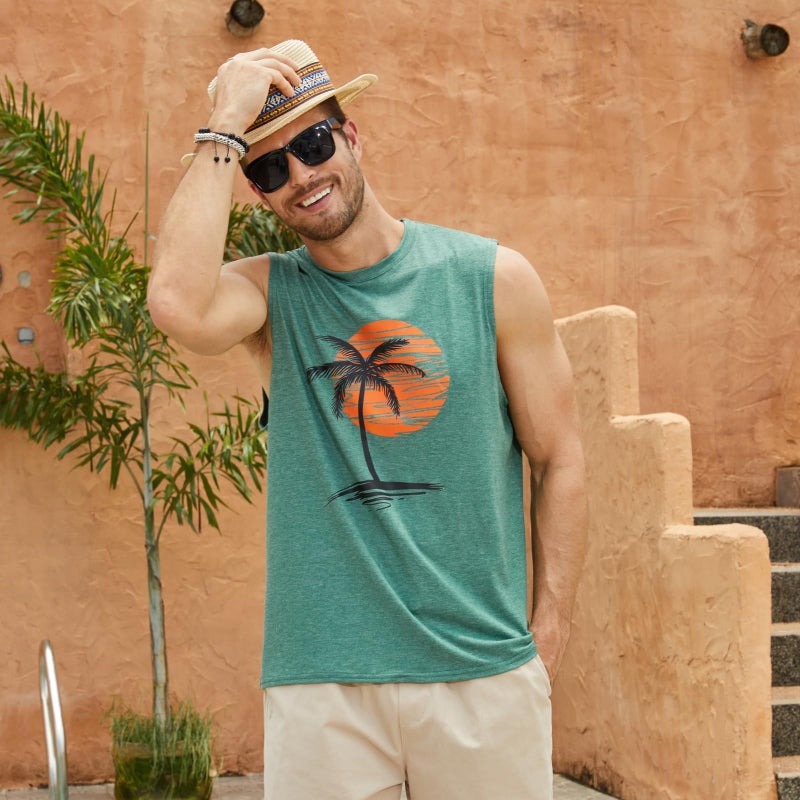Estokap Mens Summer Beach Tank Top Hawaiian Palm Tree Print Sleeveless Muscle Basic Tee Vacation Tops Khaki - Image 3