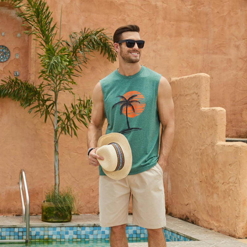 Estokap Mens Summer Beach Tank Top Hawaiian Palm Tree Print Sleeveless Muscle Basic Tee Vacation Tops Khaki - Image 2