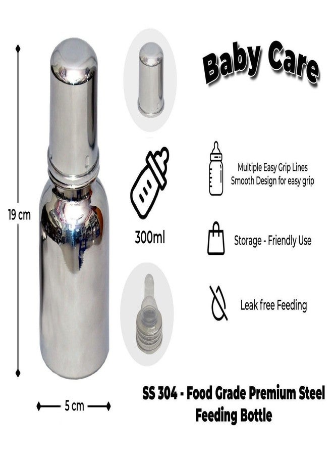 sunlife - Baby Care ml Stainless Steal Feeding Bottle - Premium Steel Feeding Bottle with Advanced Anti Colic Valve,Soft Silicone Staw |Joint Less 304 Grade, BPA Free (Silver) (Baby Bottle 300ml) - Image 2