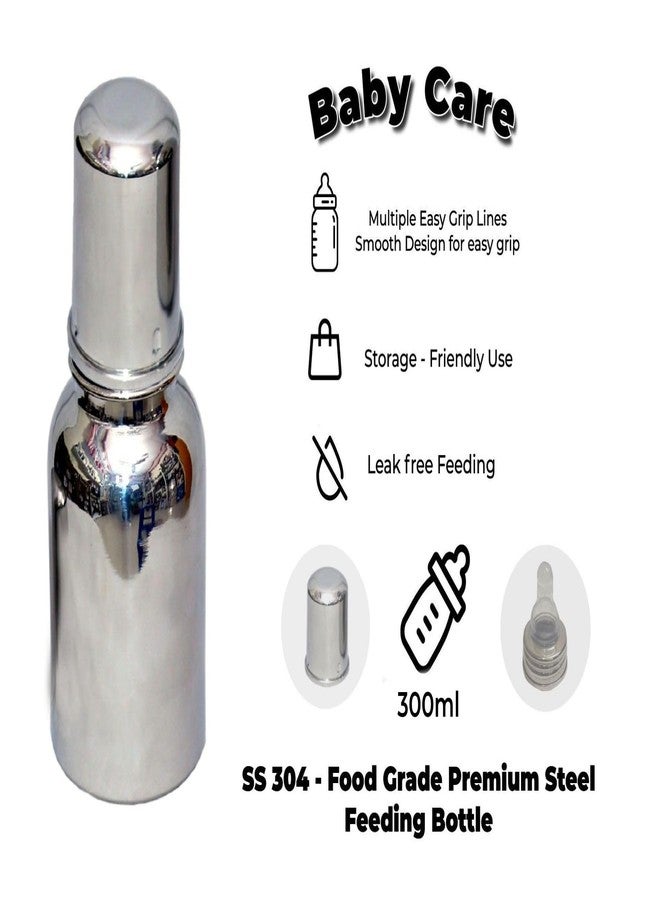 sunlife - Baby Care ml Stainless Steal Feeding Bottle - Premium Steel Feeding Bottle with Advanced Anti Colic Valve,Soft Silicone Staw |Joint Less 304 Grade, BPA Free (Silver) (Baby Bottle 300ml) - Image 3