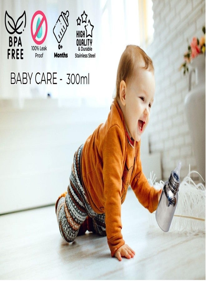 sunlife - Baby Care ml Stainless Steal Feeding Bottle - Premium Steel Feeding Bottle with Advanced Anti Colic Valve,Soft Silicone Staw |Joint Less 304 Grade, BPA Free (Silver) (Baby Bottle 300ml) - Image 4