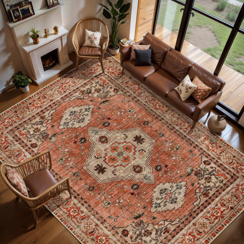 Tangsoo Boho 6x9 Area Rug Washable for Living Room, Vintage Rug Indoor Non Slip Large Area Rugs, Print Distressed Terracotta Carpet, Soft Low Pile Rug Foldable Floor Rugs for Bedroom Dining Room Dorm - Image 2
