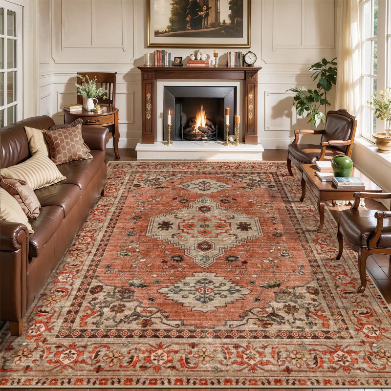 Tangsoo Boho 6x9 Area Rug Washable for Living Room, Vintage Rug Indoor Non Slip Large Area Rugs, Print Distressed Terracotta Carpet, Soft Low Pile Rug Foldable Floor Rugs for Bedroom Dining Room Dorm - Image 1