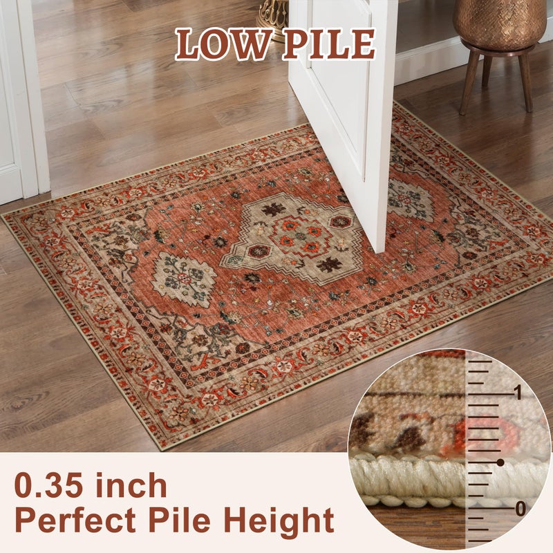 Tangsoo Boho 6x9 Area Rug Washable for Living Room, Vintage Rug Indoor Non Slip Large Area Rugs, Print Distressed Terracotta Carpet, Soft Low Pile Rug Foldable Floor Rugs for Bedroom Dining Room Dorm - Image 4