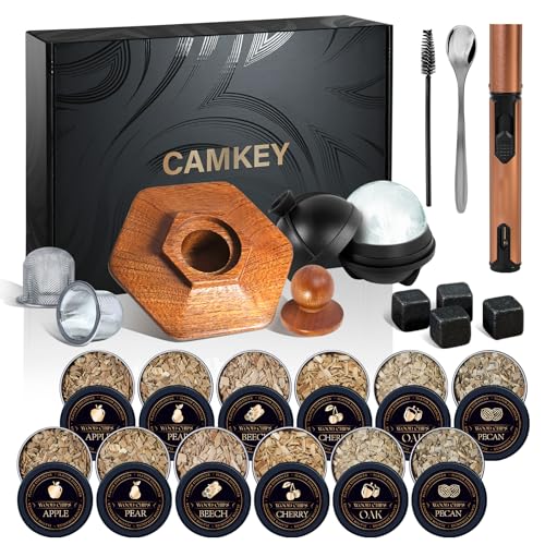 CAMKEY طقم مدخن الويسكي 23 قطعة مع شعلة - 12 رقائق خشبية، قالب كرات الثلج، طقم مدخن الكوكتيل، طقم مدخن المشروبات القديمة، هدايا الويسكي للرجال، الأب، له، عيد الميلاد - Image 1