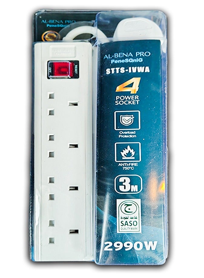 High Quality Ultra Durable 3 Meter 4-Way Extension Board with UK Pin | 13A Power 2990W | Push Button On/Off Switch | Overload Protection | Anti-Fire 750°C (White)  - Image 2