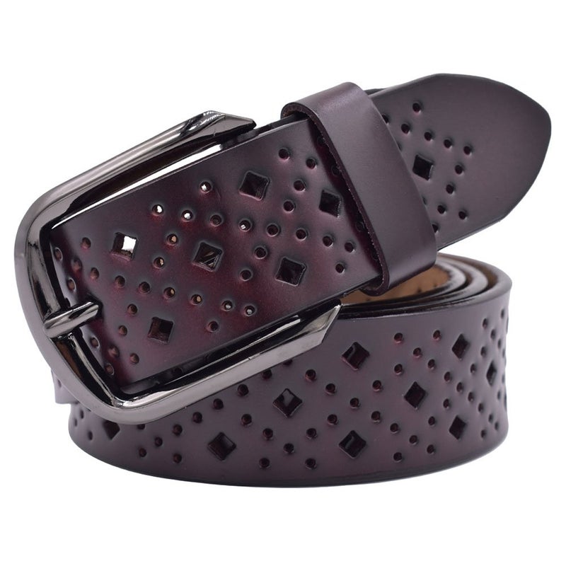 VONSELY Hollow Leather Belts for Women, Soft Leather Womens Belts with Pin Buckle (1.5" Wide Coffee) - Image 1