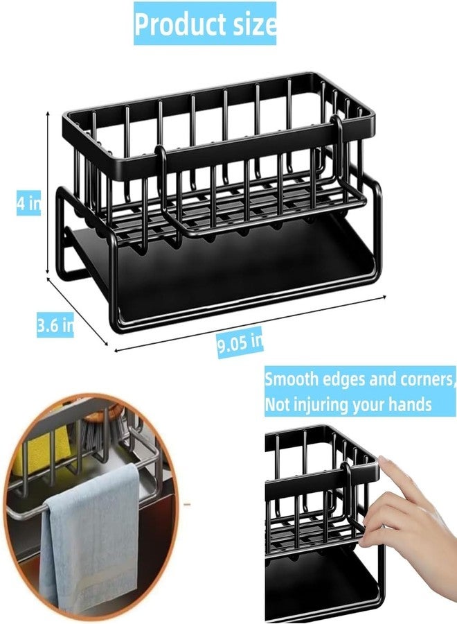 Akshify Kitchen Sink Organizer Sponge Holder – Auto Draining Stainless Steel Caddy with Soap Tray, Brush & Towel Bar | Rustproof Metal Dish Rack | Compact Countertop Storage (Black) - Image 2