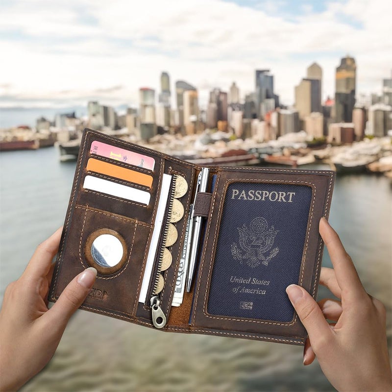 CONTACTS Full Grain Leather Passport Holder RFID Blocking Travel Passport Wallet Compatible with Airtag Passport Cover Case with 4 Cards Slots, Coin Pocket (Brown) - Image 2