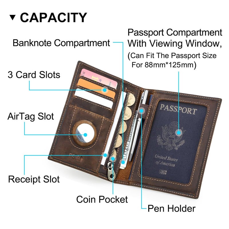 CONTACTS Full Grain Leather Passport Holder RFID Blocking Travel Passport Wallet Compatible with Airtag Passport Cover Case with 4 Cards Slots, Coin Pocket (Brown) - Image 4