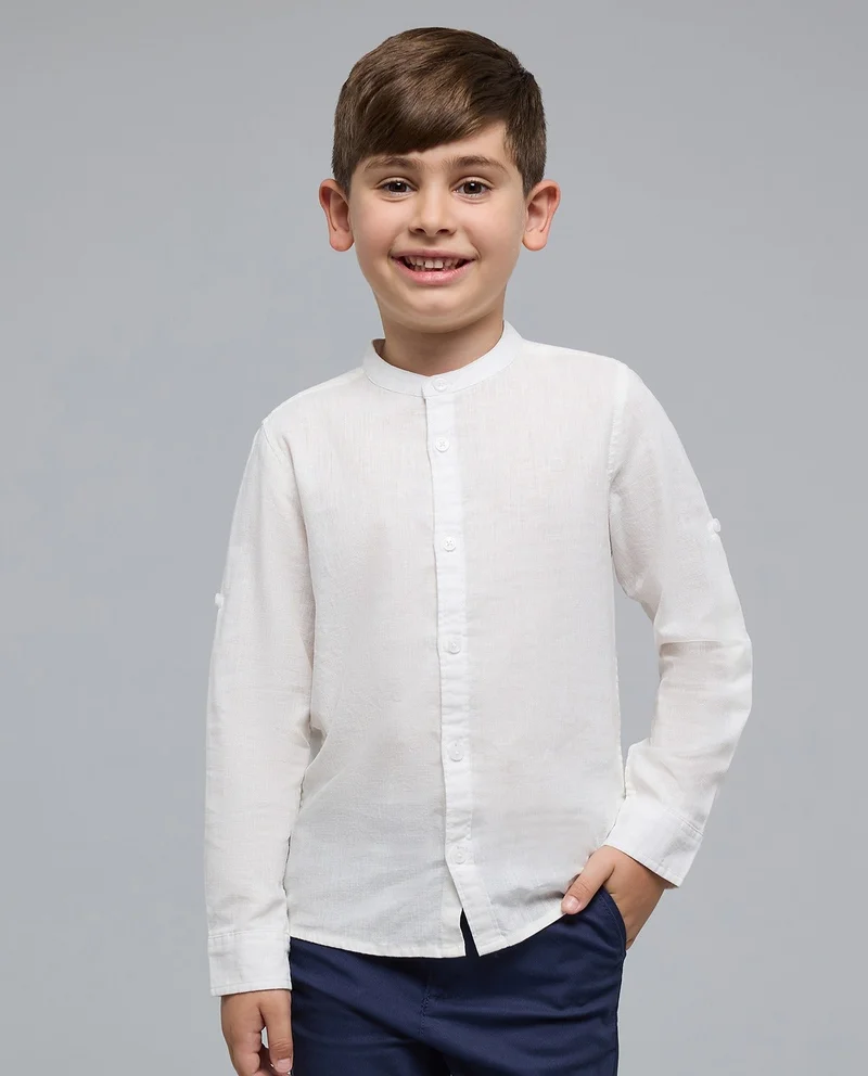 R&B Solid Shirt with Mandarin Collar and Long Sleeves