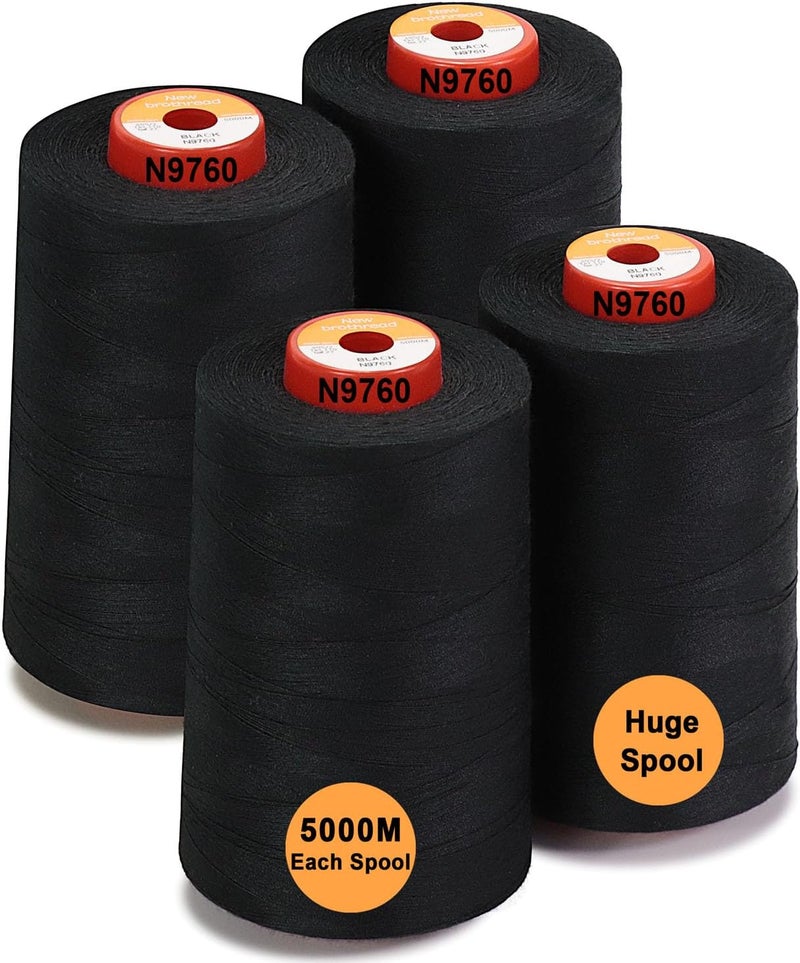 New brothread - 30 Options - 4 Large Cones of 5500Y (5000M) Each All Purpose Spun Polyester Thread 40S/2 (Tex27) for Serger, Overlock, Quilting, Piecing and Sewing - Black - Image 1