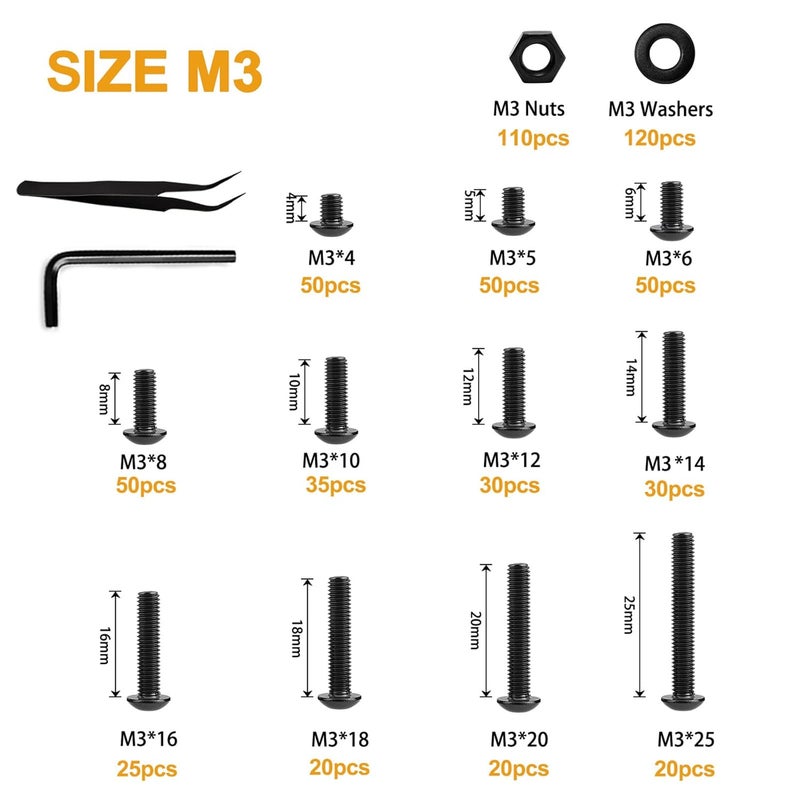 VIGRUE 610PCS 14.9 Grade Alloy Steel M3 Button Hex Head Cap Screws M3 x 4/5/6/8/10/12/14/16/18/20/25mm Machine Screws Bolts Nuts Washer Assortment Kit - Image 4