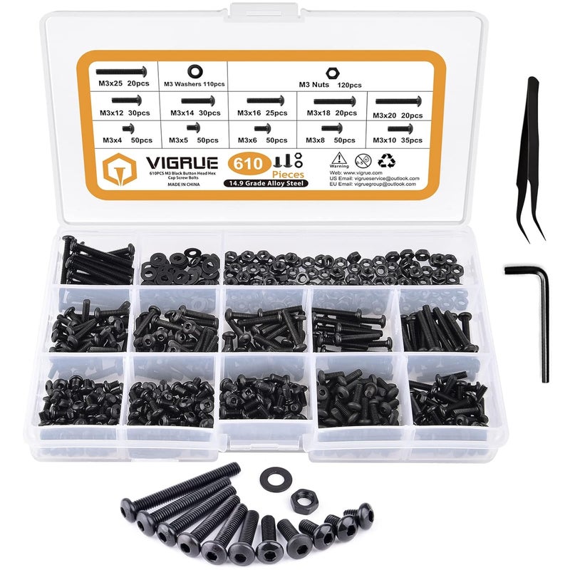 VIGRUE 610PCS 14.9 Grade Alloy Steel M3 Button Hex Head Cap Screws M3 x 4/5/6/8/10/12/14/16/18/20/25mm Machine Screws Bolts Nuts Washer Assortment Kit - Image 1