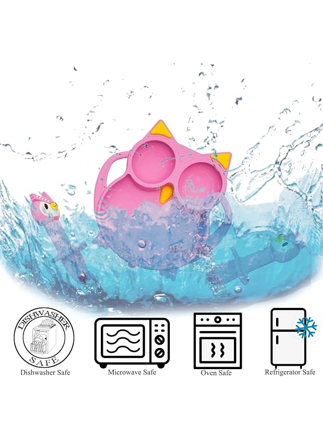 Excefore Suction Plate For Baby Silicone Divided Plates With Suction Toddler Baby Spoon Fork Plate Set Perfect Baby Dishes With Kids Plates Pink Owl Design - Image 4