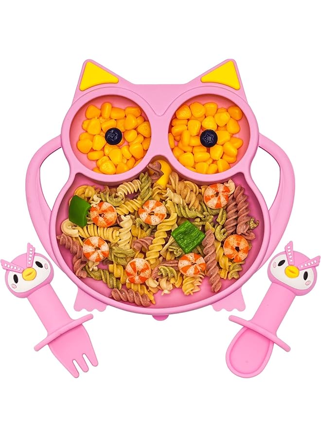 Excefore Suction Plate For Baby Silicone Divided Plates With Suction Toddler Baby Spoon Fork Plate Set Perfect Baby Dishes With Kids Plates Pink Owl Design - Image 1