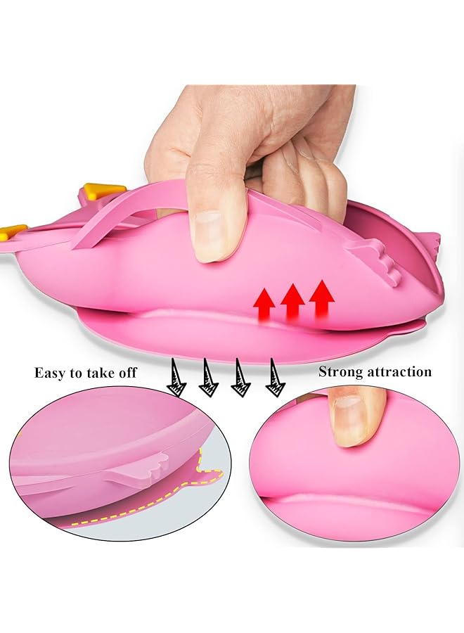 Excefore Suction Plate For Baby Silicone Divided Plates With Suction Toddler Baby Spoon Fork Plate Set Perfect Baby Dishes With Kids Plates Pink Owl Design - Image 3