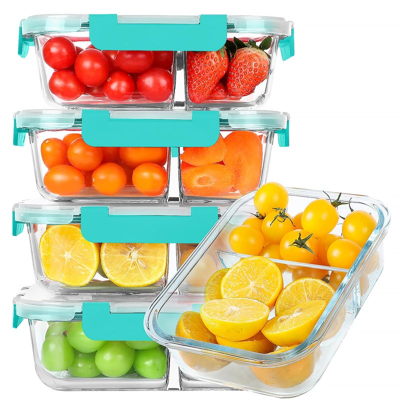 KOMUEE 30 oz 5 Pack Glass Meal Prep Containers 2 Compartments, Glass Food Storage Containers with Lids, Airtight Lunch Box, Microwave, Oven and Freezer Safe, Green - Image 1