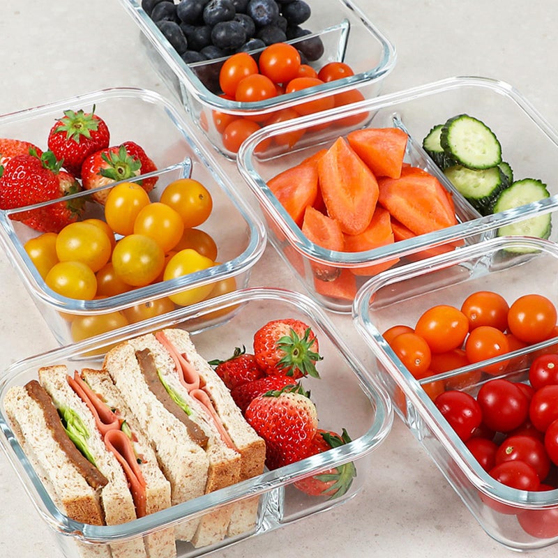 KOMUEE 30 oz 5 Pack Glass Meal Prep Containers 2 Compartments, Glass Food Storage Containers with Lids, Airtight Lunch Box, Microwave, Oven and Freezer Safe, Green - Image 2