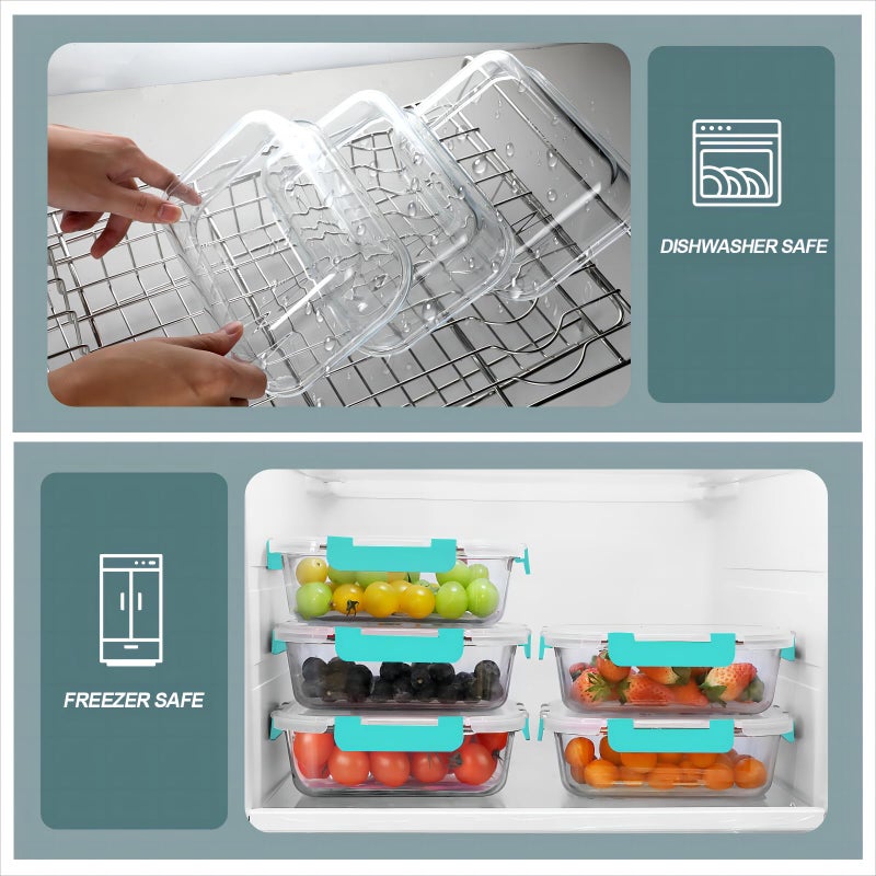 KOMUEE 30 oz 5 Pack Glass Meal Prep Containers 2 Compartments, Glass Food Storage Containers with Lids, Airtight Lunch Box, Microwave, Oven and Freezer Safe, Green - Image 5