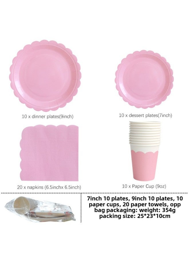 Solid Color Paper Plate Paper Cup Paper Towel Tablecloth Suit Children's Birthday Holiday Party Disposable Tableware Paper Plate Dinner Plate-Color:Light Pink 50-piece Set-1 - Image 1