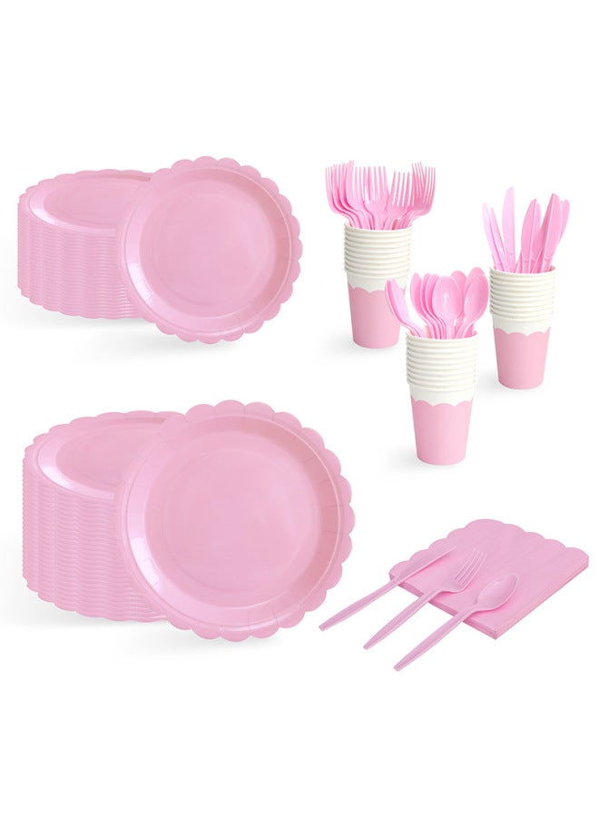 Solid Color Paper Plate Paper Cup Paper Towel Tablecloth Suit Children's Birthday Holiday Party Disposable Tableware Paper Plate Dinner Plate-Color:Light Pink 50-piece Set-1 - Image 2