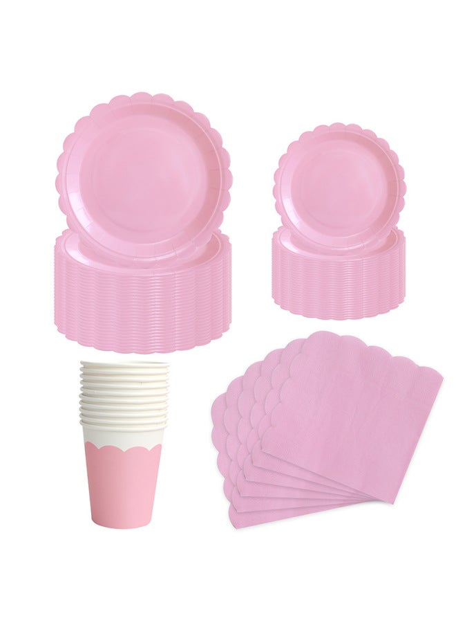 Solid Color Paper Plate Paper Cup Paper Towel Tablecloth Suit Children's Birthday Holiday Party Disposable Tableware Paper Plate Dinner Plate-Color:Light Pink 50-piece Set-1 - Image 3