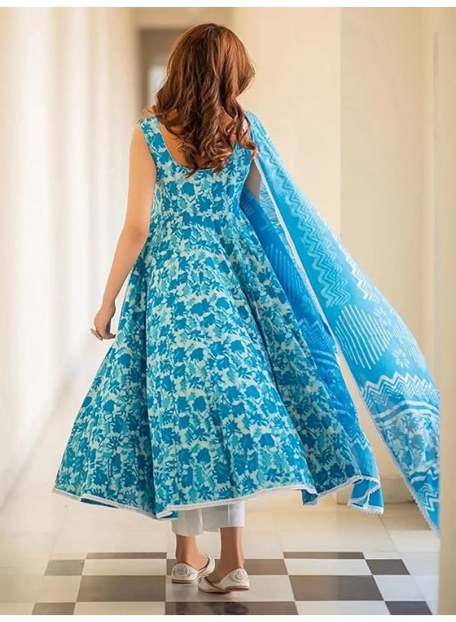 Pinkmint store Women's Cotton Blend Straight Printed Kurta with Pant & Dupatta Sky Blue M - Image 4