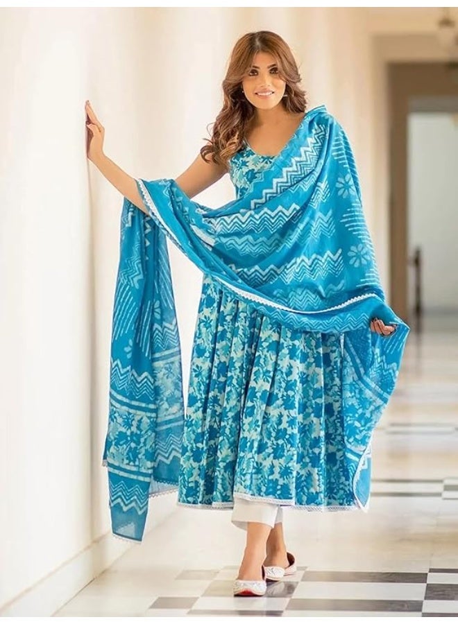 Pinkmint store Women's Cotton Blend Straight Printed Kurta with Pant & Dupatta Sky Blue M - Image 3