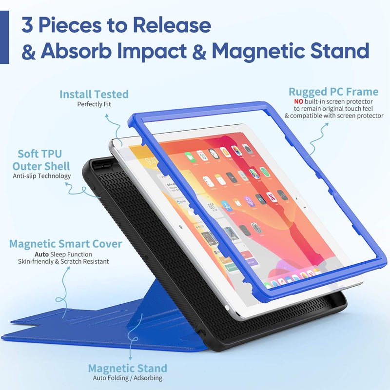 SEYMAC stock حافظة SEYMAC لجهاز iPad الجيل 9/8/7 10.2''، حافظة قوية مغناطيسية مع خاصية النوم التلقائي ومضادة للصدمات مع حامل متعدد الزوايا، حامل قلم، فتحة بطاقة (زرقاء) - Image 4