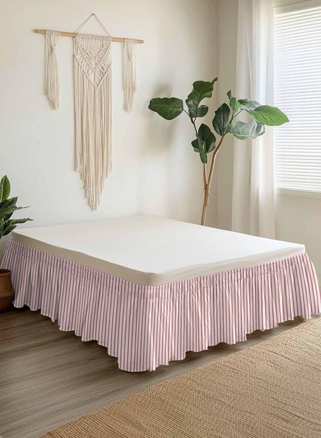 فاندارلين تنورة سرير مخططة باللون الأحمر، تنورة سرير بطول 16 بوصة، تنورة سرير مخططة عموديًا باللونين الأحمر والبيج، تنورة سرير مطاطية ملفوفة، كشكشة غبار لسرير بحجم كوين - Image 2