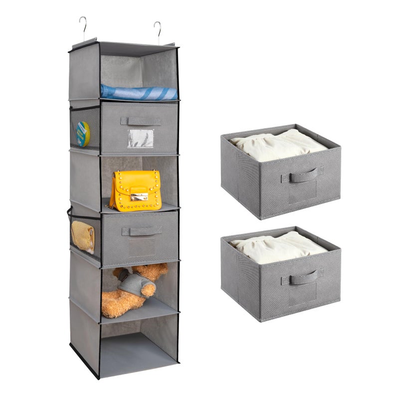 BrilliantJo Hanging Wardrobe Organiser 6 Shelves with 2 Removable Drawers Closet Storage hanging Shelves Unit with 4 Pockets for Clothes  Grey12x 12 x 433 inch