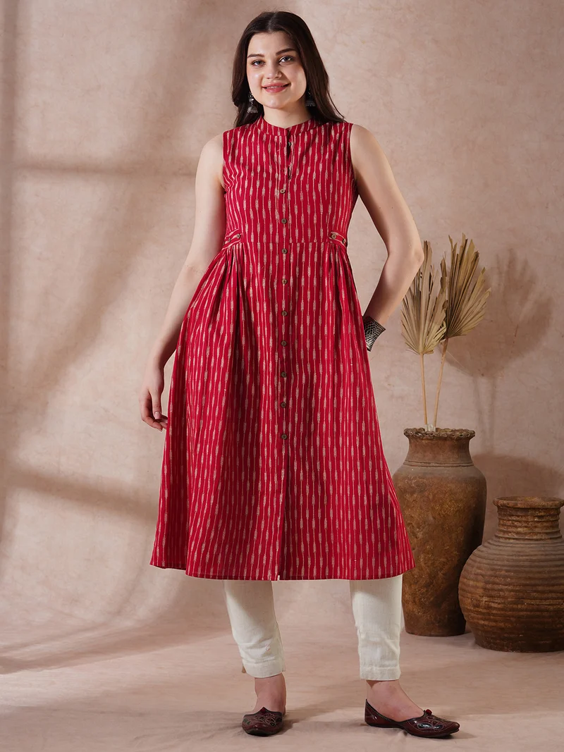 globus Women Maroon Striped Mandarin Collar Pleated Button-Down Front Slit Workwear Kurta