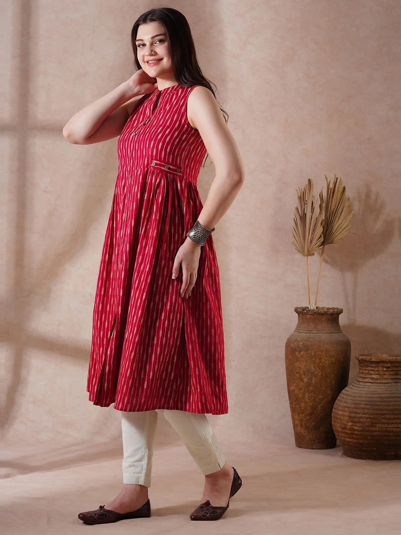 globus Women Maroon Striped Mandarin Collar Pleated Button-Down Front Slit Workwear Kurta
