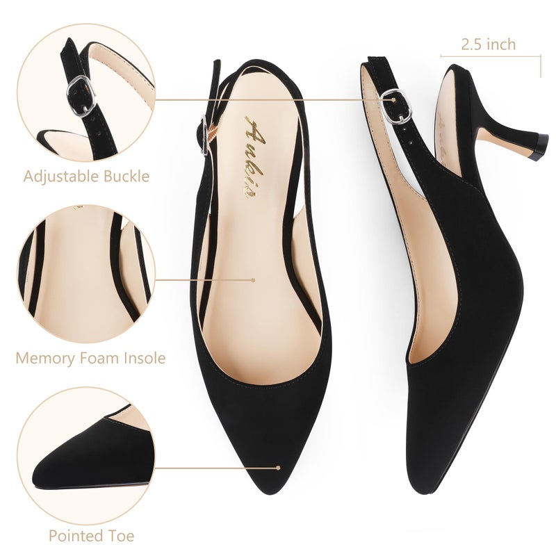 Ankis Women's Slingback Kitten Heels Closed Pointed Toe Low Heel Pumps Comfortable Dress Shoes for Wedding Party Work Office Business Casual Daily Wear 2.5inch Black Nubuck - Image 4