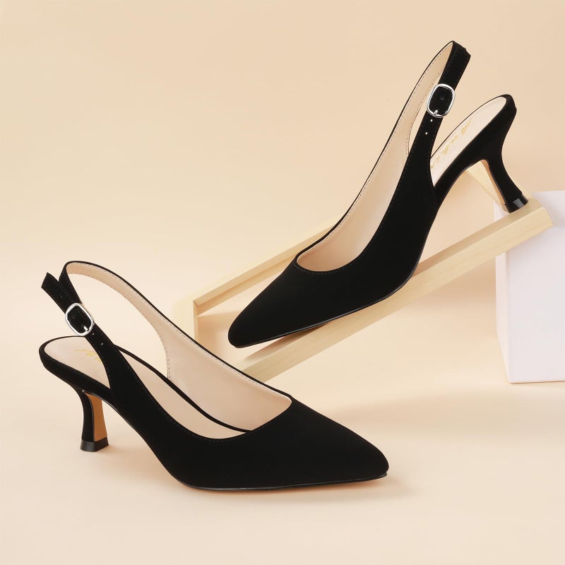Ankis Women's Slingback Kitten Heels Closed Pointed Toe Low Heel Pumps Comfortable Dress Shoes for Wedding Party Work Office Business Casual Daily Wear 2.5inch Black Nubuck - Image 3