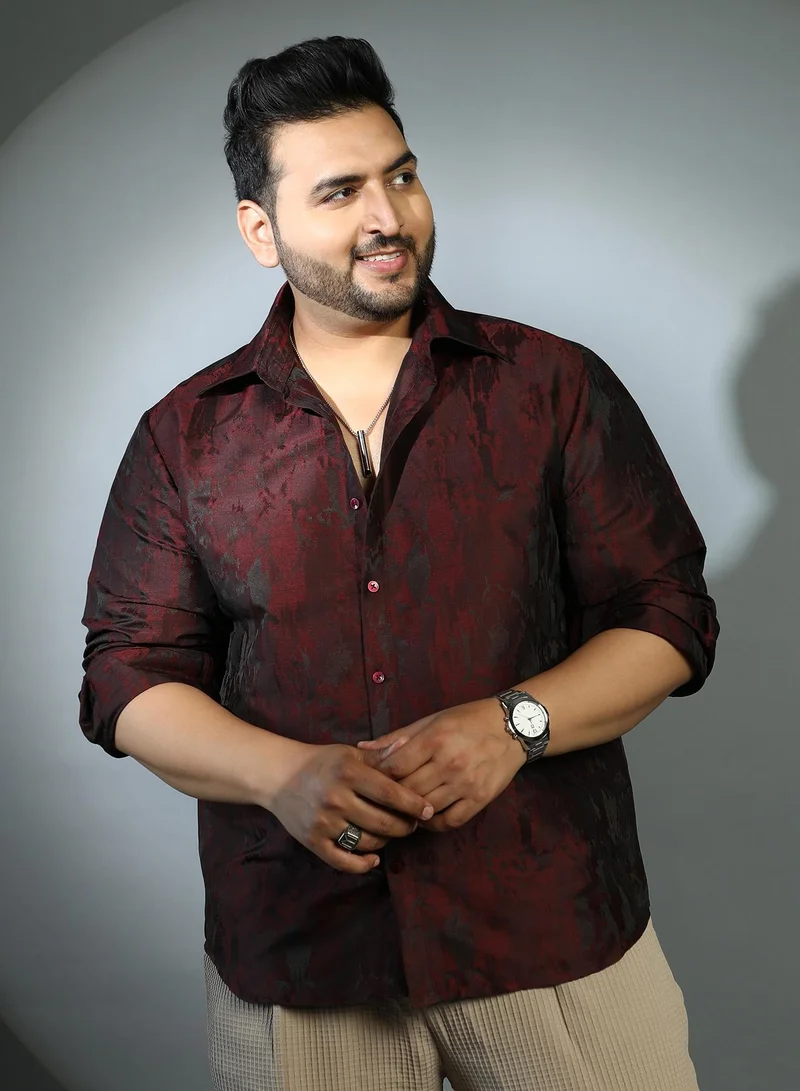 Instafab Plus Instafab Plus Men's Burgundy Red Abstract-Woven Shirt For Casual Wear | Spread Collar | Long Cuffed Sleeves | Button Closure | Plus Size Shirt Crafted With Comfort Fit For Everyday Wear