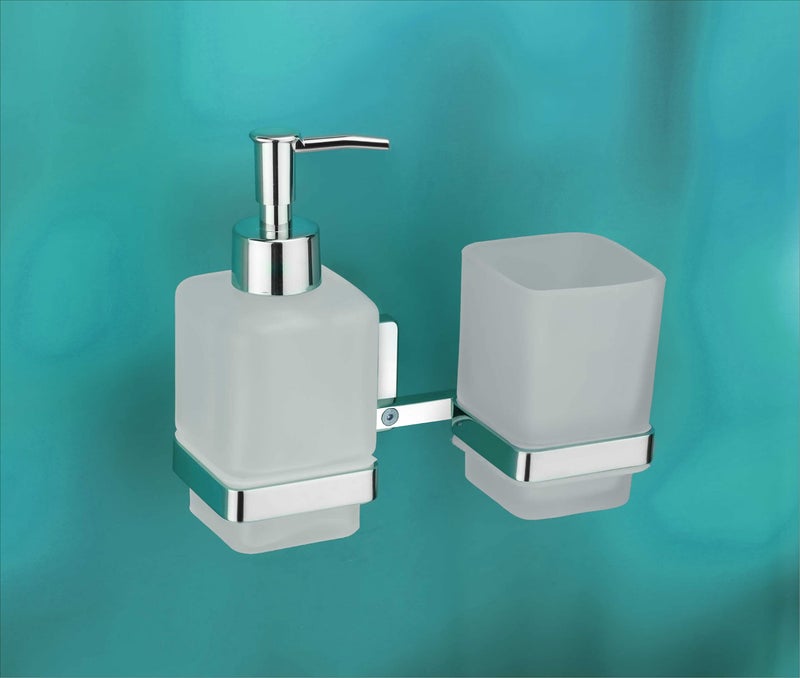 KANJAL soap Dispenser with Toothbrush Holder for washbasin Liquid Dispenser and Brush Holder for Bathroom Tumbler Holders dispensers LX27(304 Stainless Steel,Chrome Finish,Frosted Glass) - Image 1