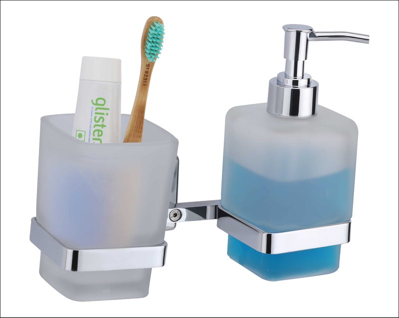 KANJAL soap Dispenser with Toothbrush Holder for washbasin Liquid Dispenser and Brush Holder for Bathroom Tumbler Holders dispensers LX27(304 Stainless Steel,Chrome Finish,Frosted Glass) - Image 2