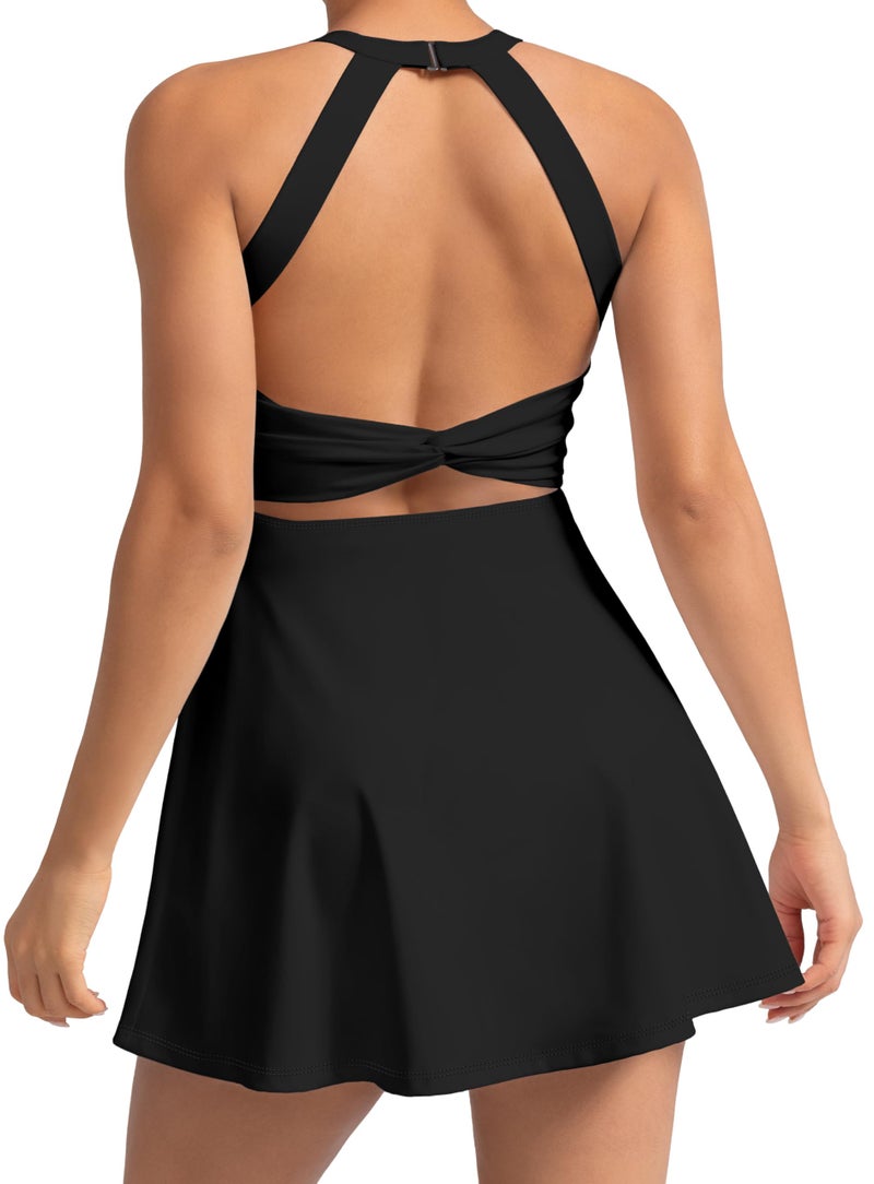 MIRITY Womens Activewear Tennis Dress - Built in Shorts with Pockets and Bra Golf Athletic Workout Dresses Black - Image 2