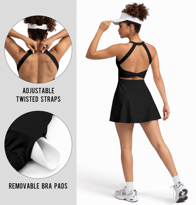 MIRITY Womens Activewear Tennis Dress - Built in Shorts with Pockets and Bra Golf Athletic Workout Dresses Black - Image 4